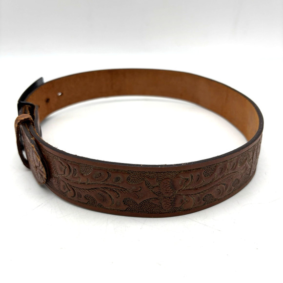 Vintage 70s Lyntone 2357 Brown Acorn Tooled TEXAS Solid Brass Buckle Belt 26-29\